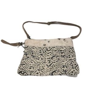 Myra Bag with canvas, cloth and hair on.  Leather strap crossbody & clutch B9